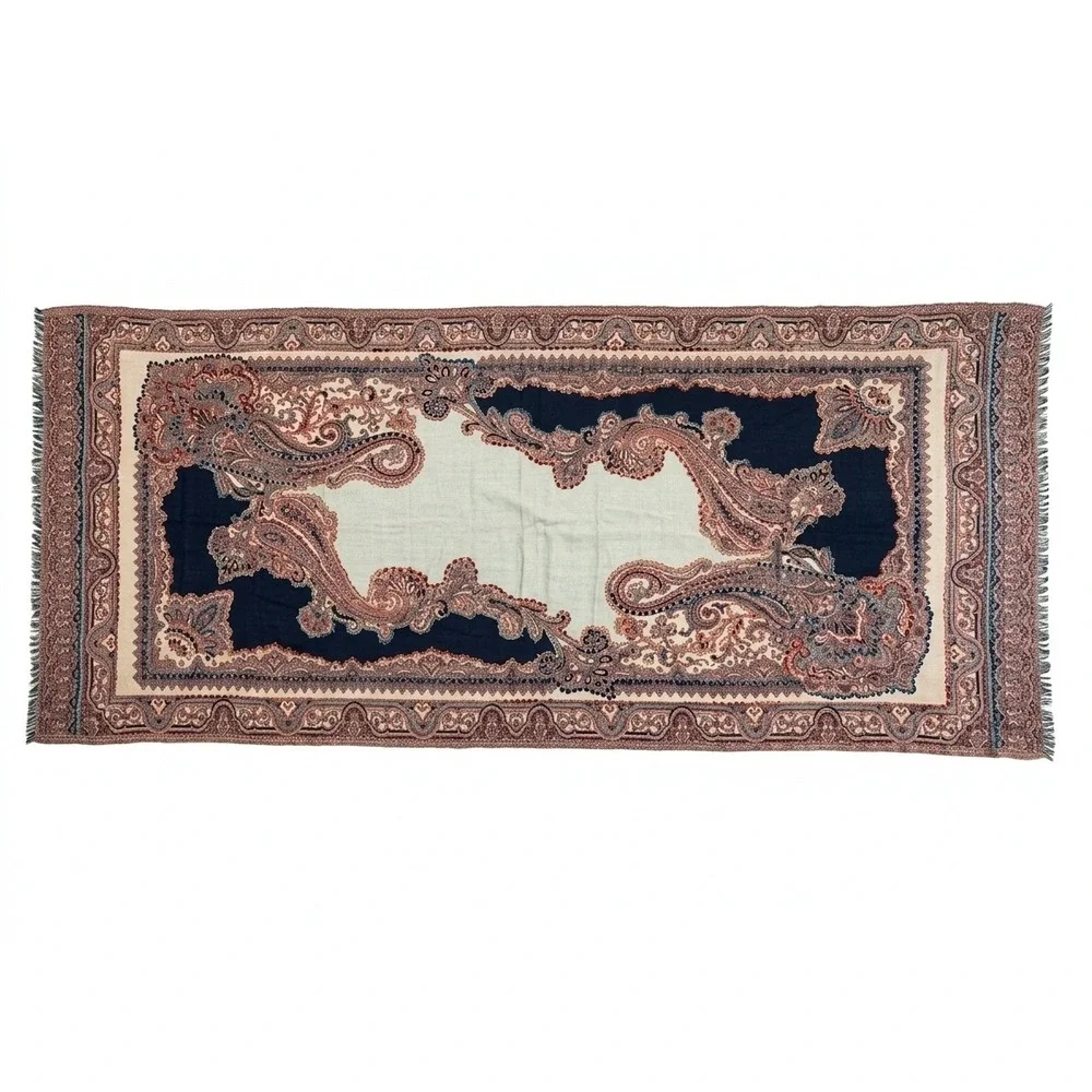 J. Jill Navy Blue Cream Paisley Oversized Wrap Scarf Viscose Rayon Fringed Shawl